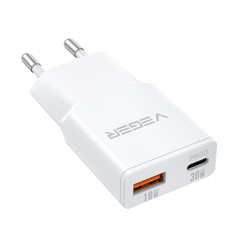 Veger TC301 Φορτιστής Χωρίς Καλώδιο με Θύρα USB-A και Θύρα USB-C 30W Power Delivery / Quick Charge 3.0 Λευκός