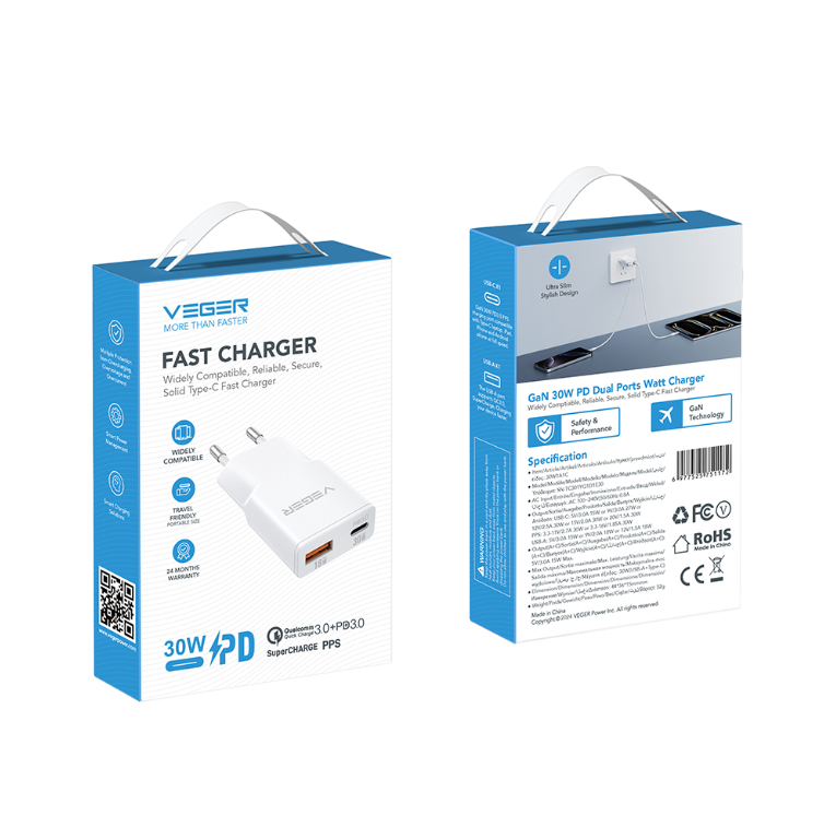 Veger TC301 Φορτιστής Χωρίς Καλώδιο με Θύρα USB-A και Θύρα USB-C 30W Power Delivery / Quick Charge 3.0 Λευκός
