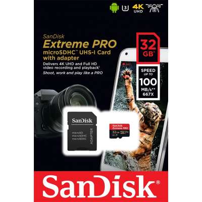 SanDisk Extreme PRO microSDHC 32GB + SD Adapter 100MB/s V30 UHS-I U3 A1