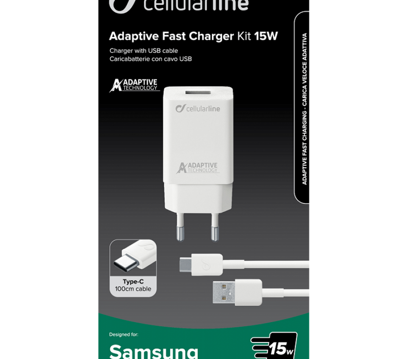 CELLULAR LINE 303906 Σετ Φορτιστής Samsung με Θύρα USB-A και Καλώδιο Type-C 15W Λευκό