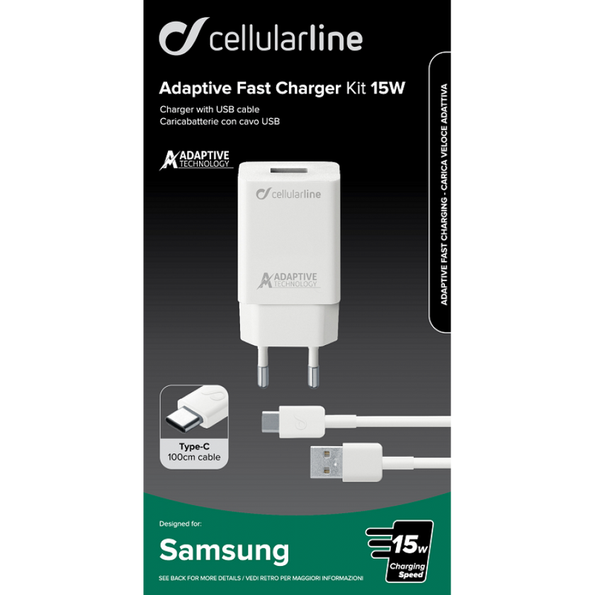 CELLULAR LINE 303906 Σετ Φορτιστής Samsung με Θύρα USB-A και Καλώδιο Type-C 15W Λευκό