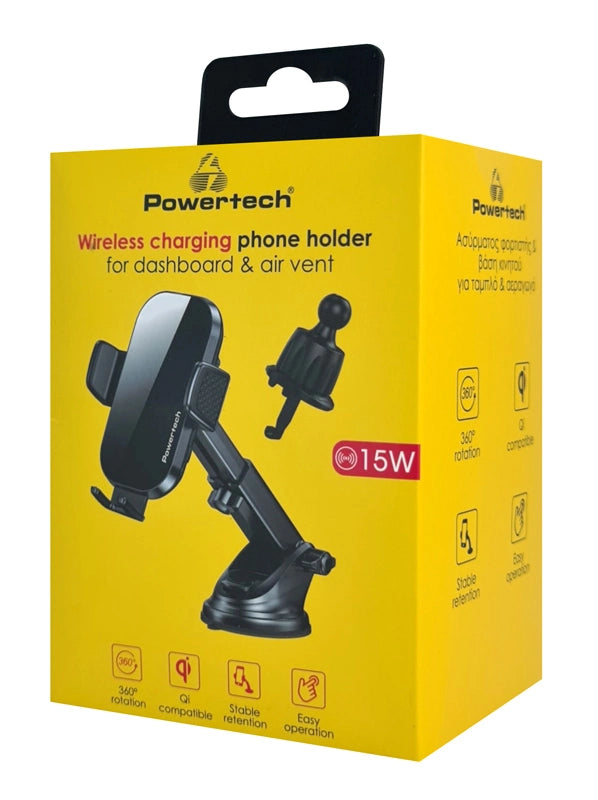 POWERTECH ασύρματος φορτιστής & βάση αυτοκινήτου PT-1271, 15W, μαύρος