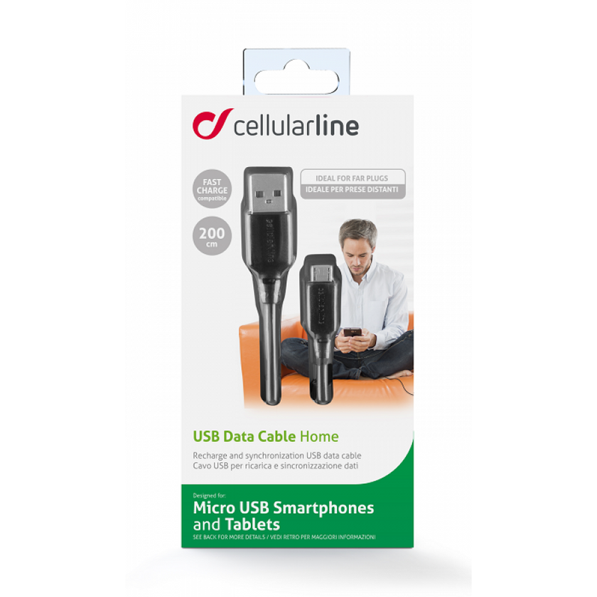 CELLULAR LINE 203947 USB Καλώδιο Συγχρονισμού και Φόρτισης microUSB (2m) Μαύρο